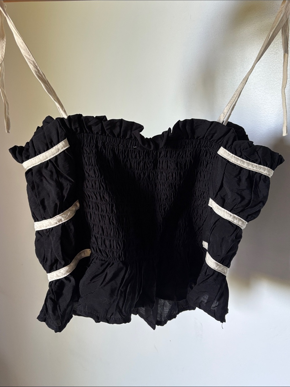 Thirty Thirty Shirred Ruffle Smocked Cami Top in Black & Ecru - Picture 7 of 8